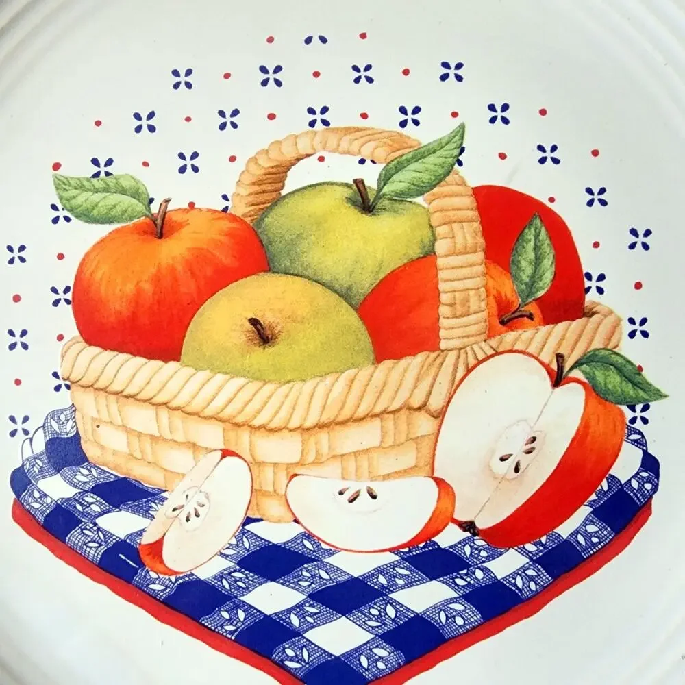 Century Stoneware Apple Basket Dinner Plate 11 Inches Picnic White Blue Red